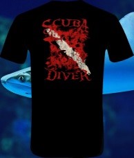 Scuba diver t-shirt with torn up dive flag.